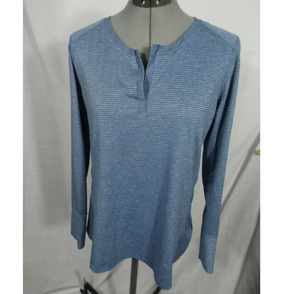 Eddie Bauer Travex Large Blue Striped V-Neck Long Sleeves Athletic Sports